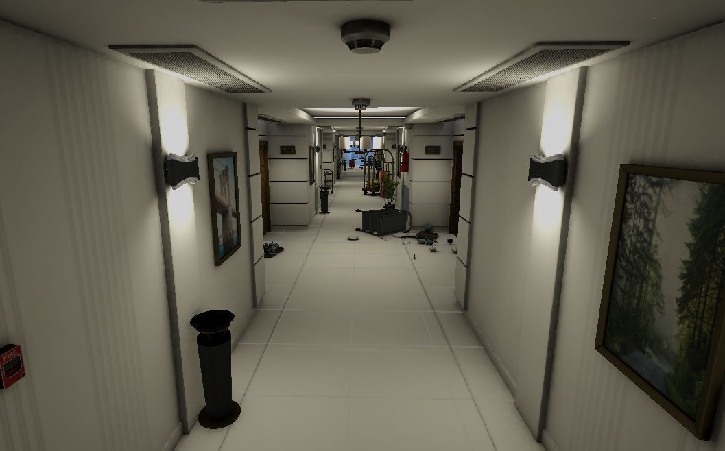 Hotel corridor with furniture and environmental obstacles